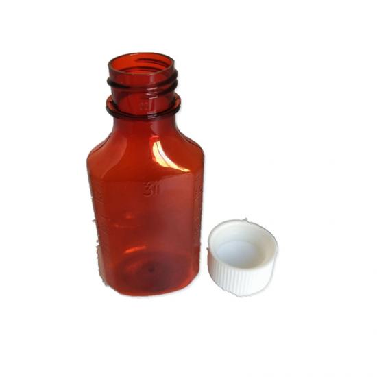 Bottiglia di medicina liquida ambrata sciroppata piatta di plastica da 2 once