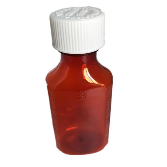 Bottiglia di medicina liquida ambrata sciroppata piatta di plastica da 2 once