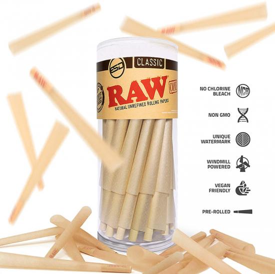 Coni RAW classic king size | Confezione da 50 | carta arrotolata naturale con punte e tubi di imballaggio inclusi
