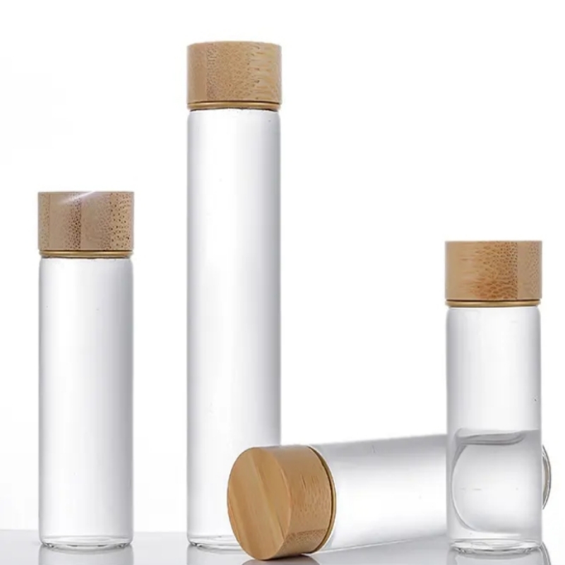 Provetta in vetro trasparente con fondo piatto rotondo e personalizzata per uso alimentare da 30 ml, 50 ml e 100 ml